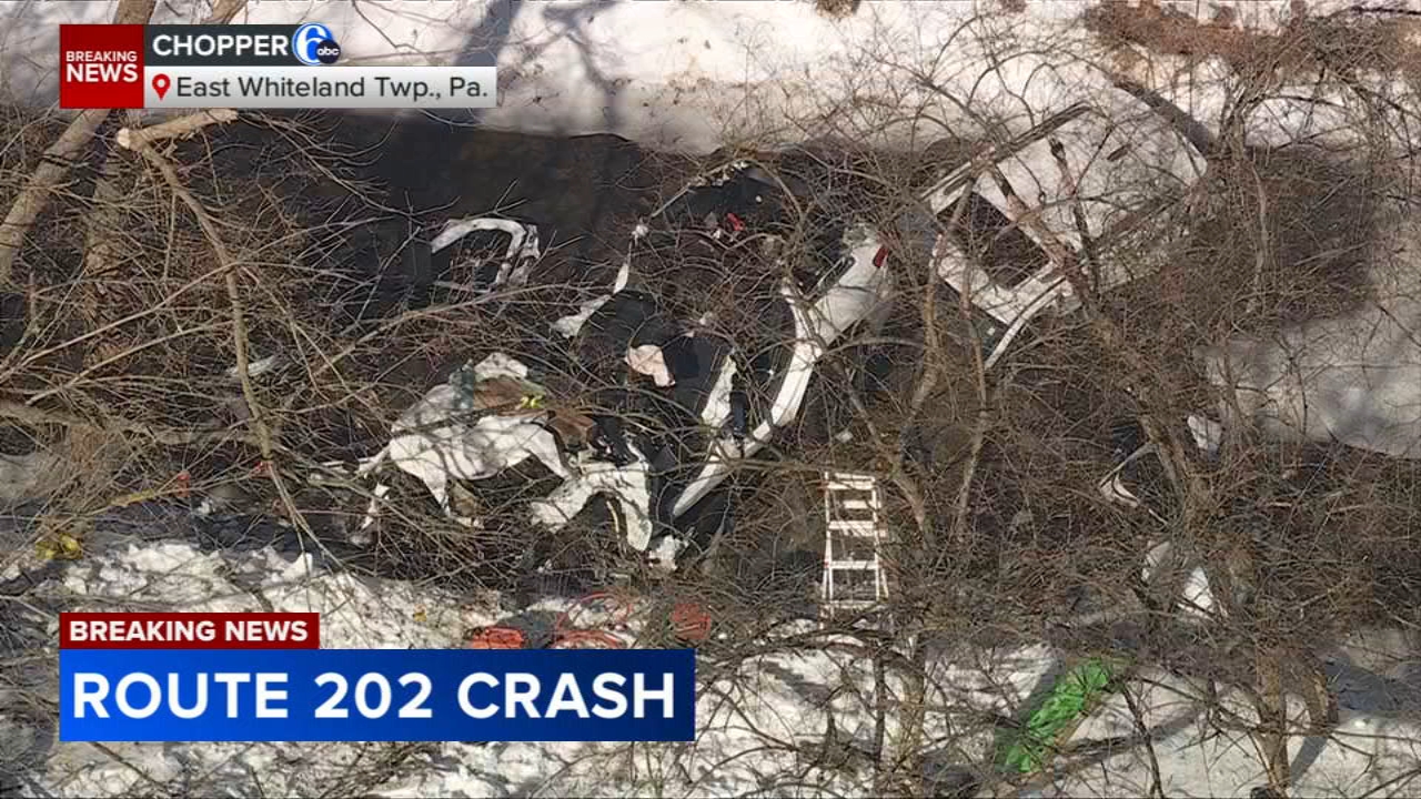 2 cars crash down embankment on Route 202 in Chester County