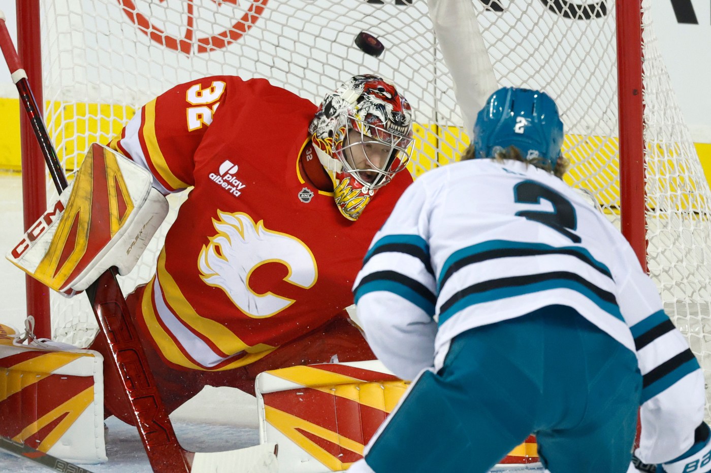 Sharks finish road trip with loss to Calgary as Joel Farabee’s shorthanded goal makes the difference late