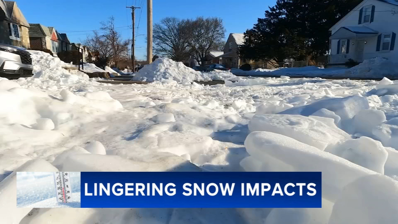 Rock-solid snow still lingers at start of second week after winter storm in Philadelphia
