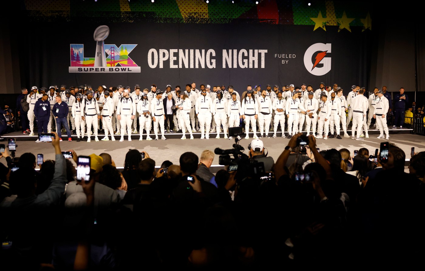 Patriots’ Super Bowl 60 opening night: From Maye’s shoulder to head butts