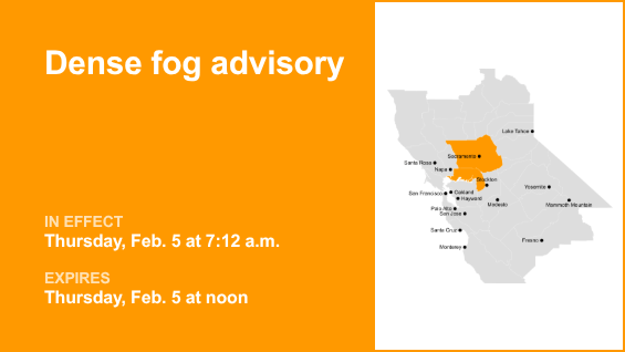 Dense fog advisory issued for Carquinez Strait and Delta and Southern Sacramento Valley until Thursday midday